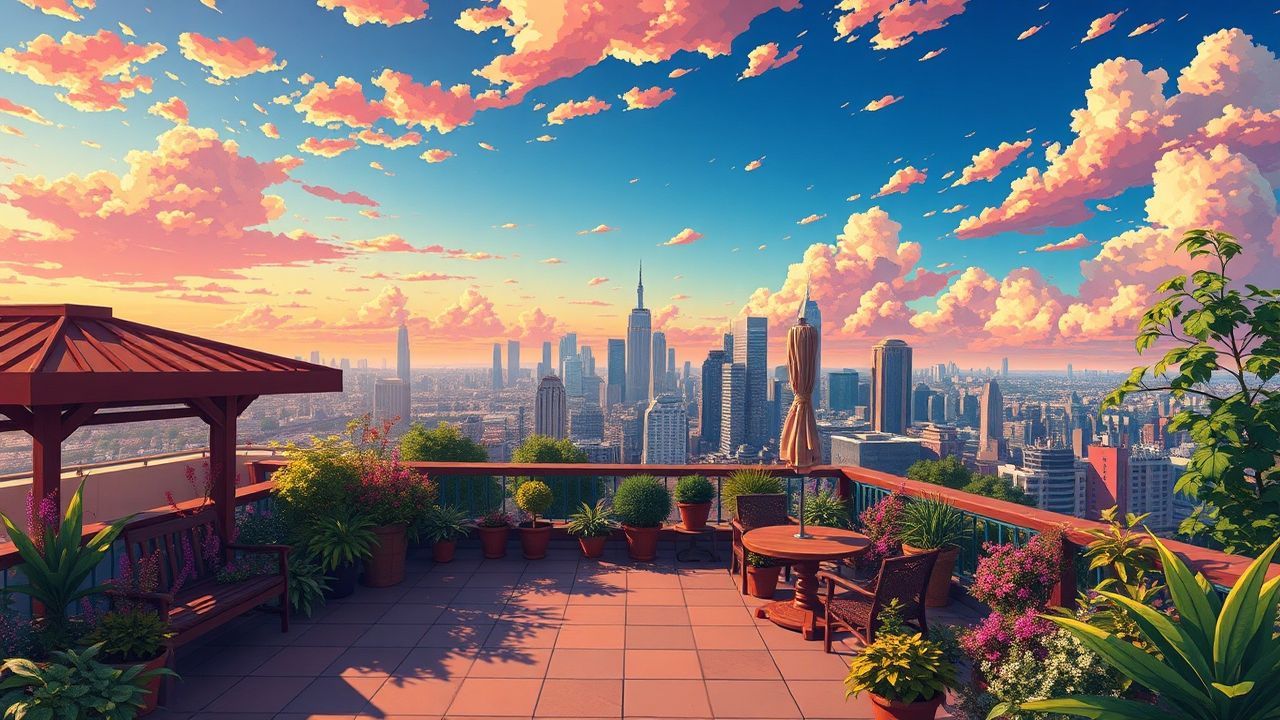Vibrant Rooftop Garden City at Sunset