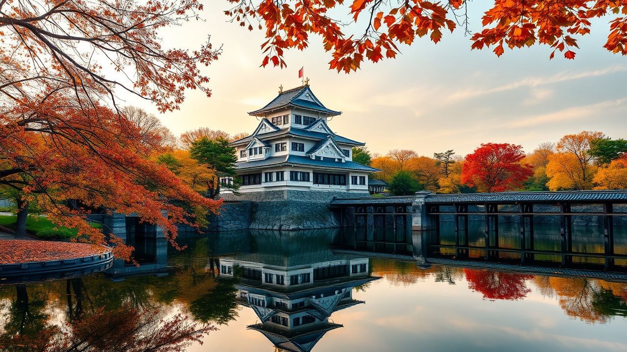 Ancient Japanese Castle Maple in Autumn
