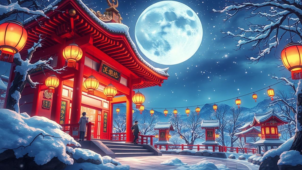 Radiant Shrine Lanterns Anime in Winter