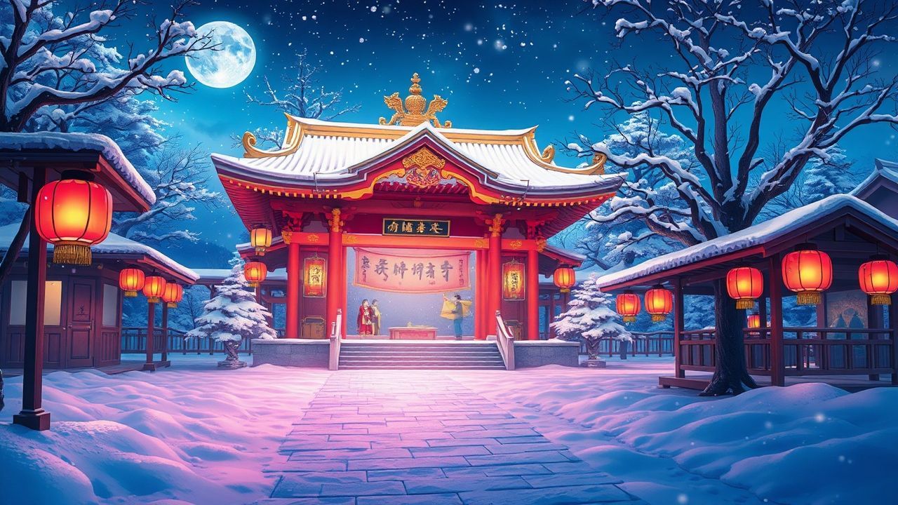 Pastel Shrine Lanterns Anime in Winter