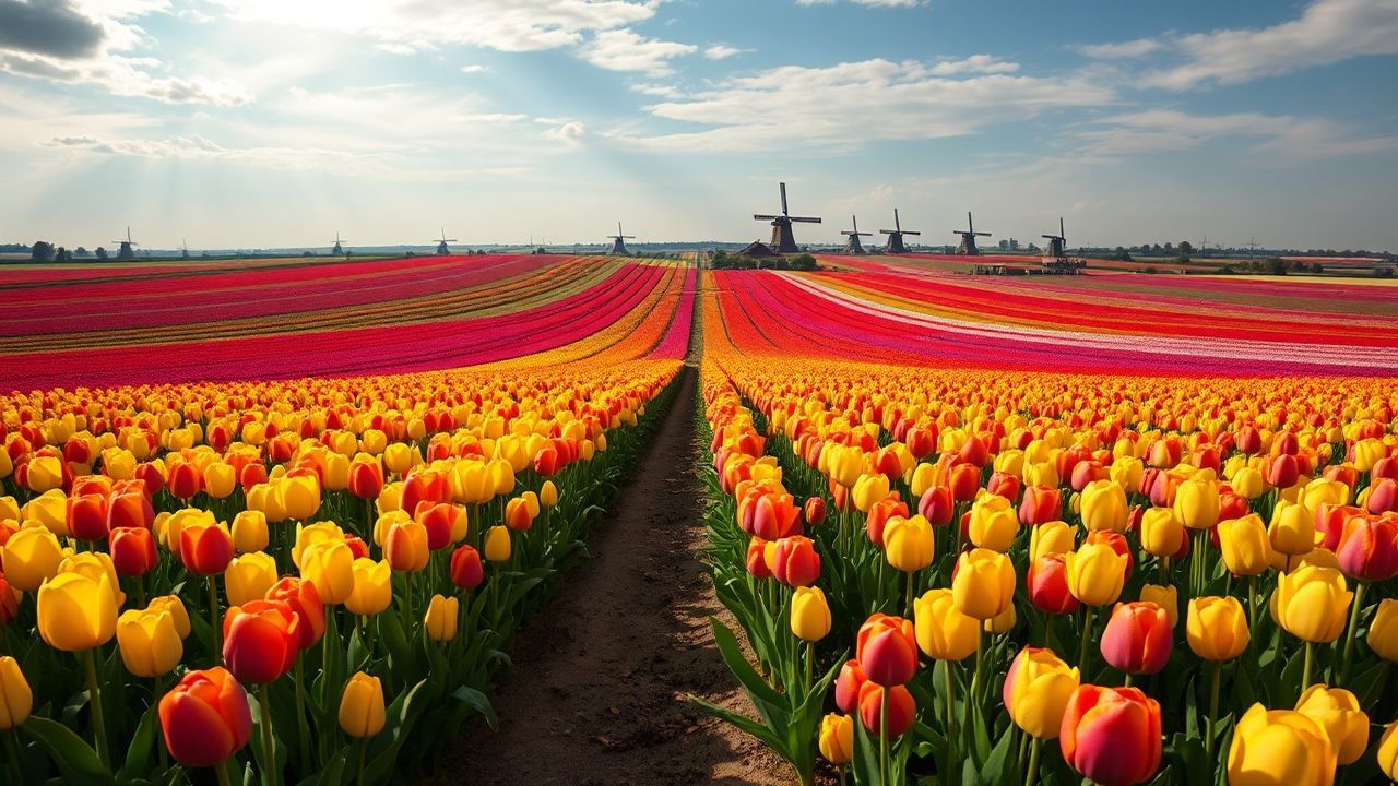 Lush Tulip Fields Netherlands from Above