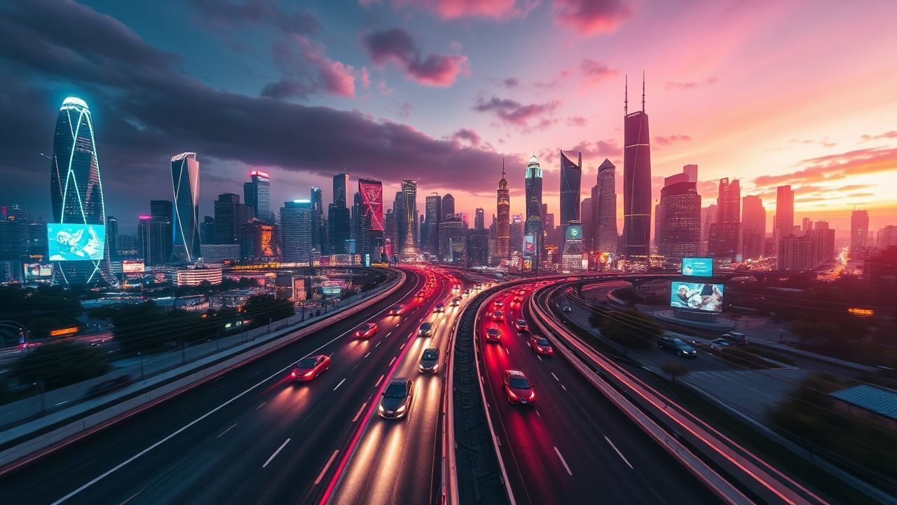 Luminous Flying Cars Traffic Neon Dreams