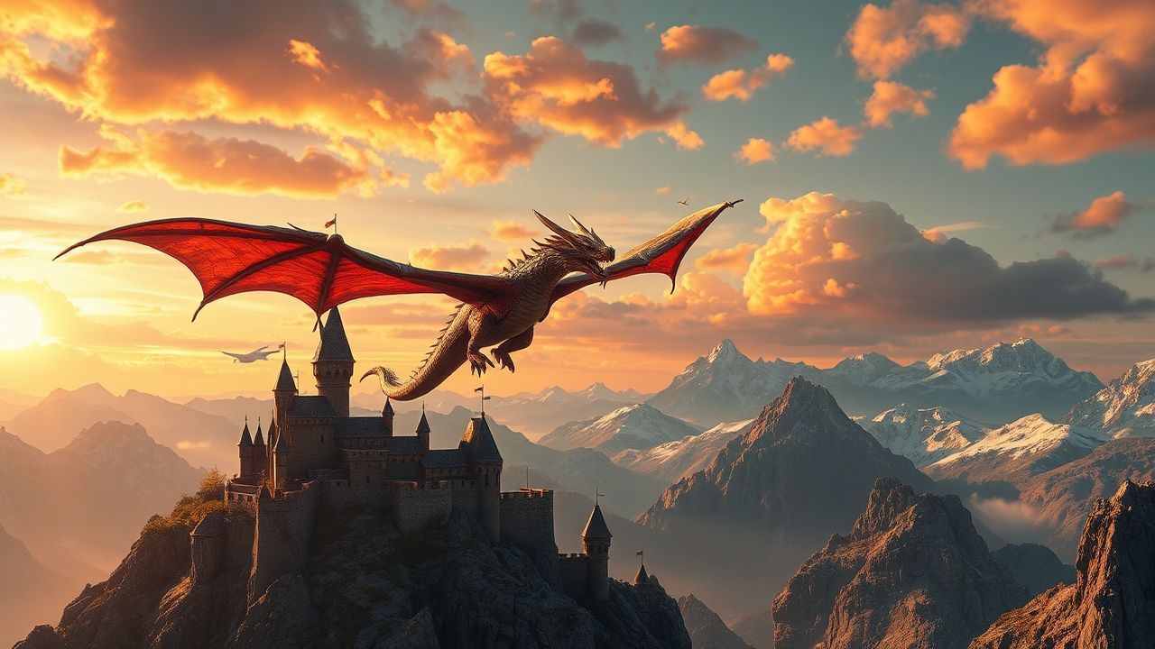 Fabled Dragon Flying Medieval at Sunset