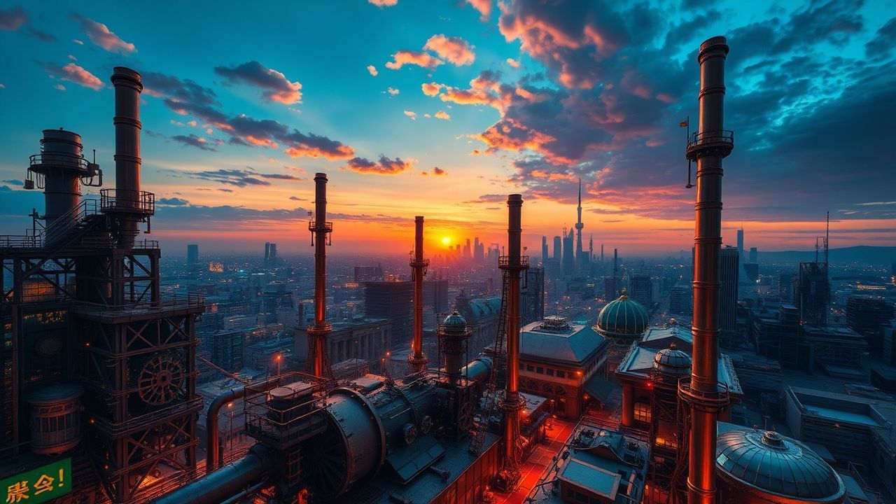 Clockwork Steampunk City Brass at Sunset