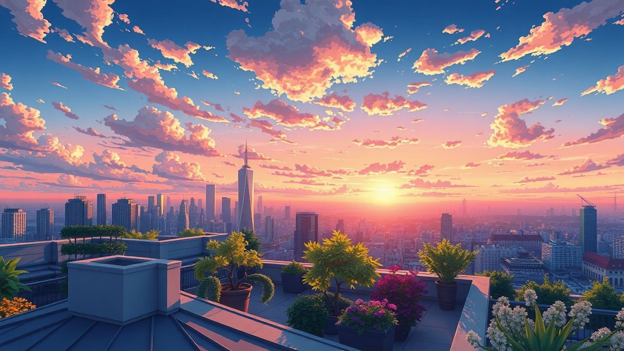 Enchanting Rooftop Garden City at Sunset