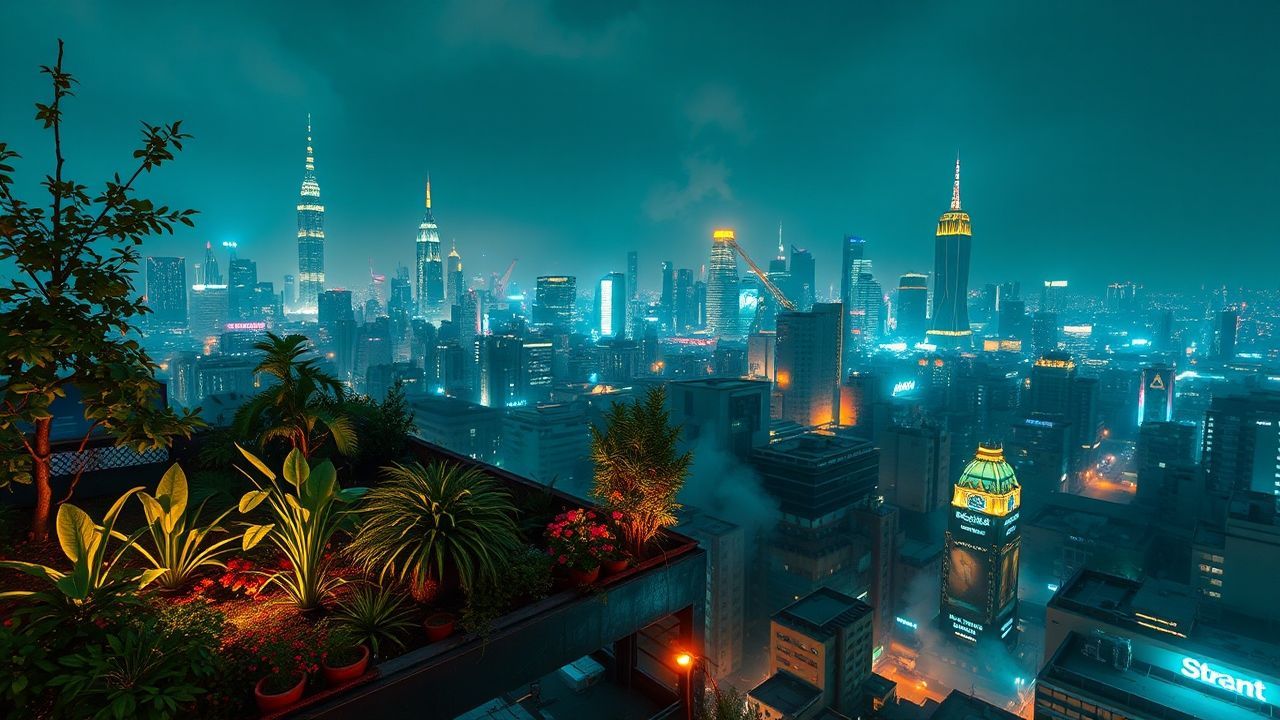 Chromatic Rooftop Garden Oasis by Night