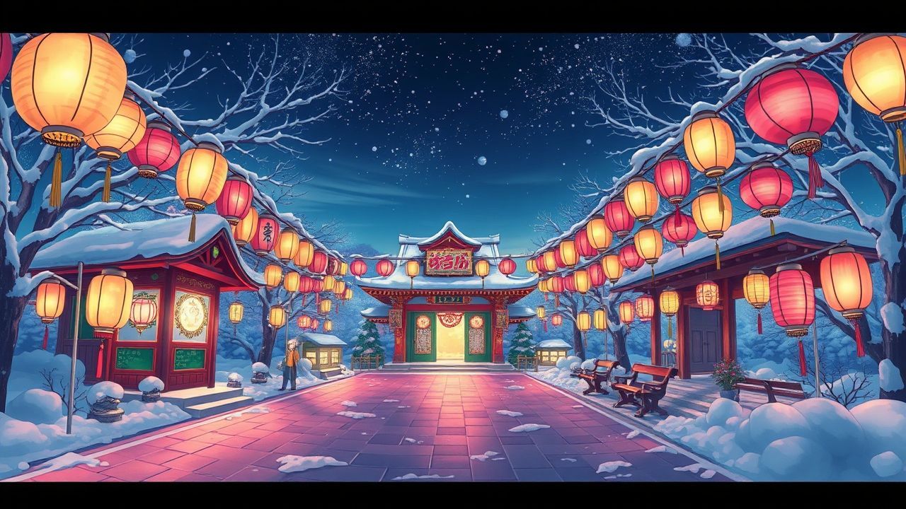 Blissful Shrine Lanterns Anime in Winter
