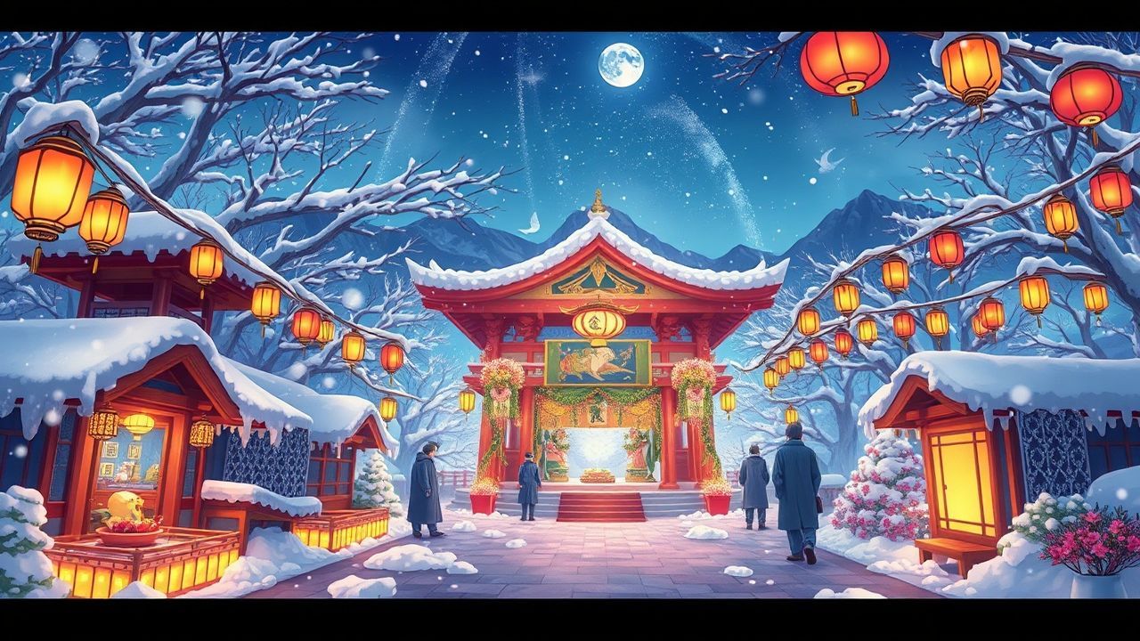 Blissful Shrine Lanterns Anime in Winter