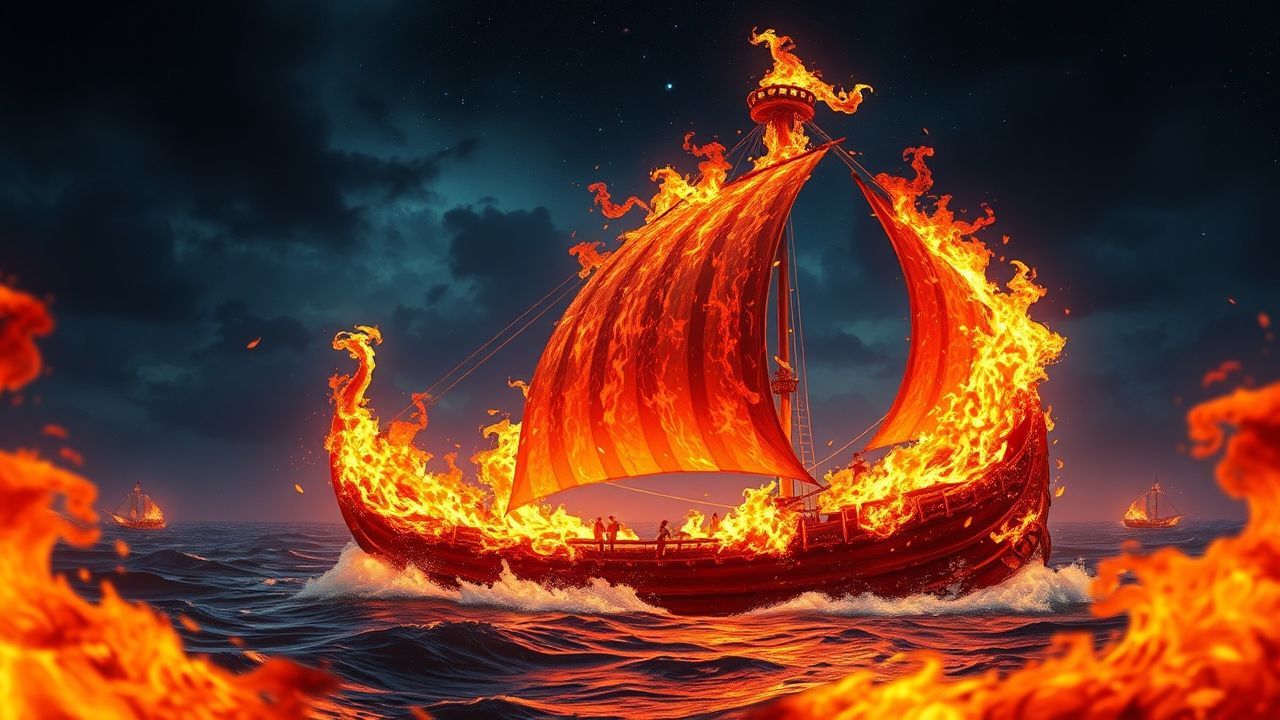 Ominous Viking Funeral Burning by Night
