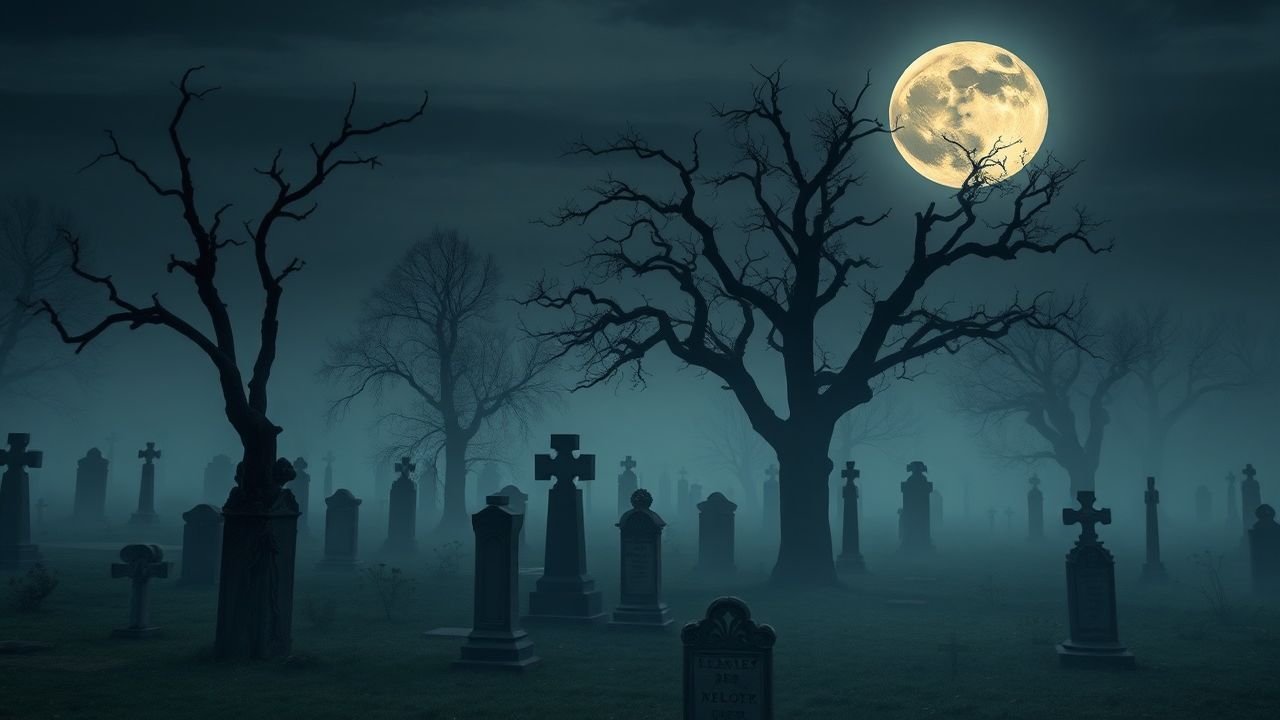 Foreboding Graveyard Full Moon in the Mist