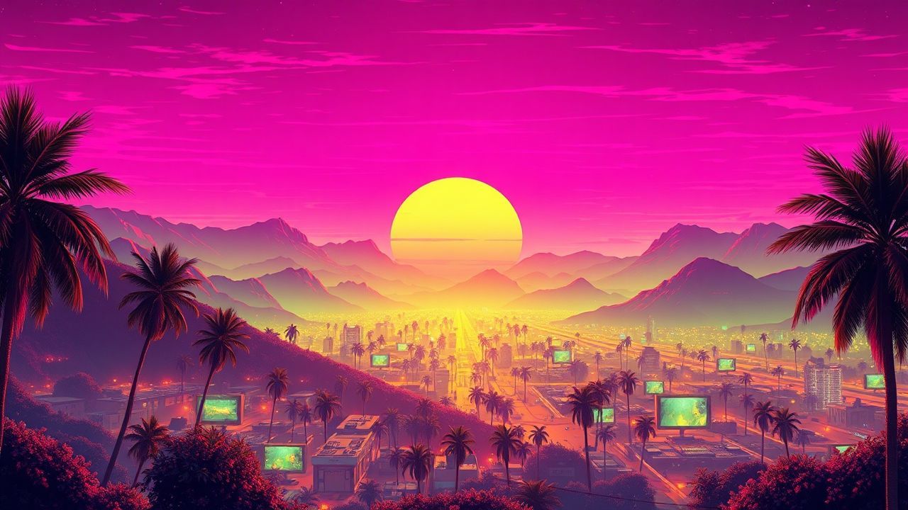 Timeless Synthwave Grid Mountains at Sunset