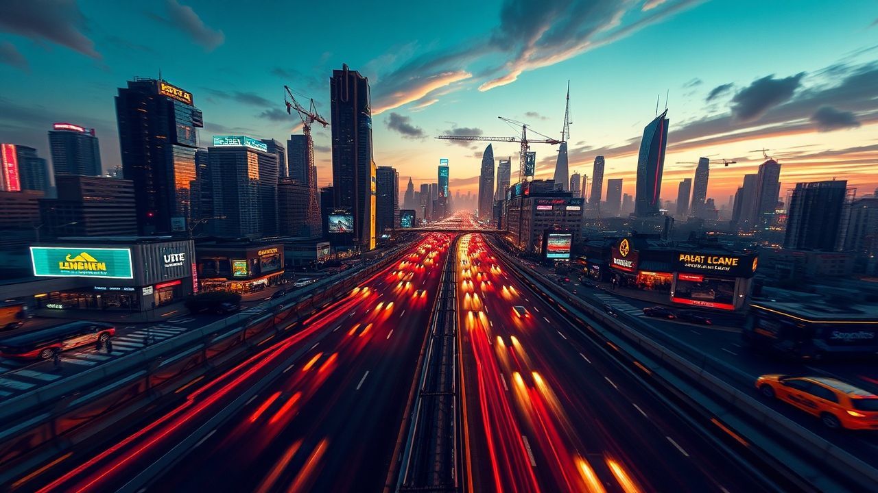 Vibrant Flying Cars Traffic Neon Dreams