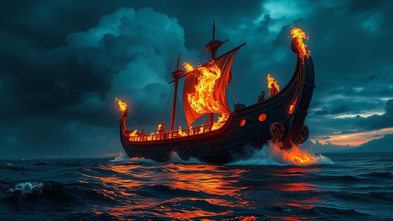 Foreboding Viking Funeral Burning by Night