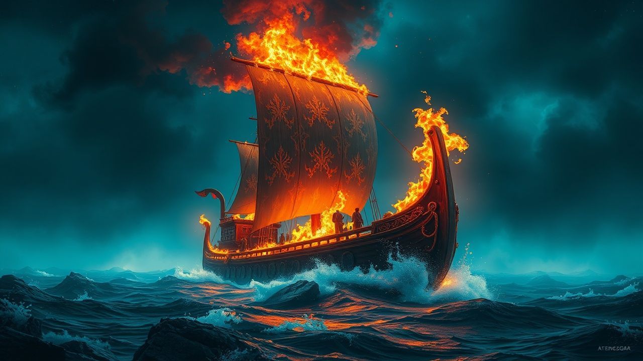 Haunting Viking Funeral Burning by Night