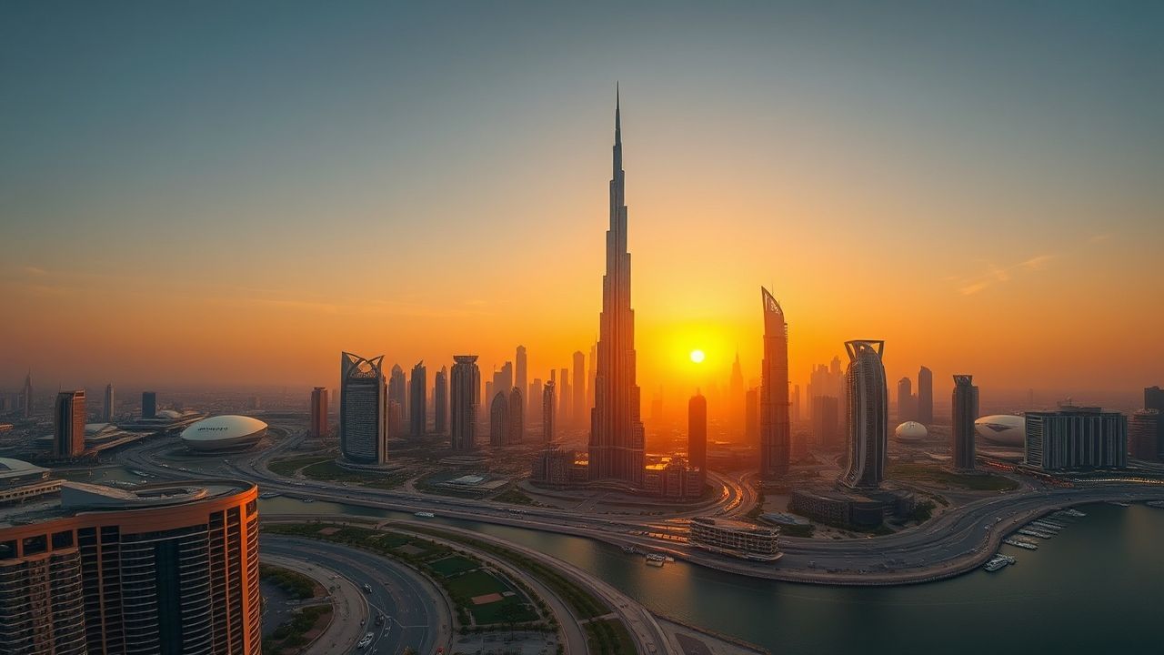 Majestic Dubai Futuristic Towers at Sunset