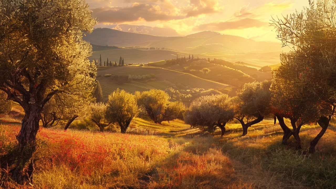 Picturesque Tuscany Olive Grove in Golden Light