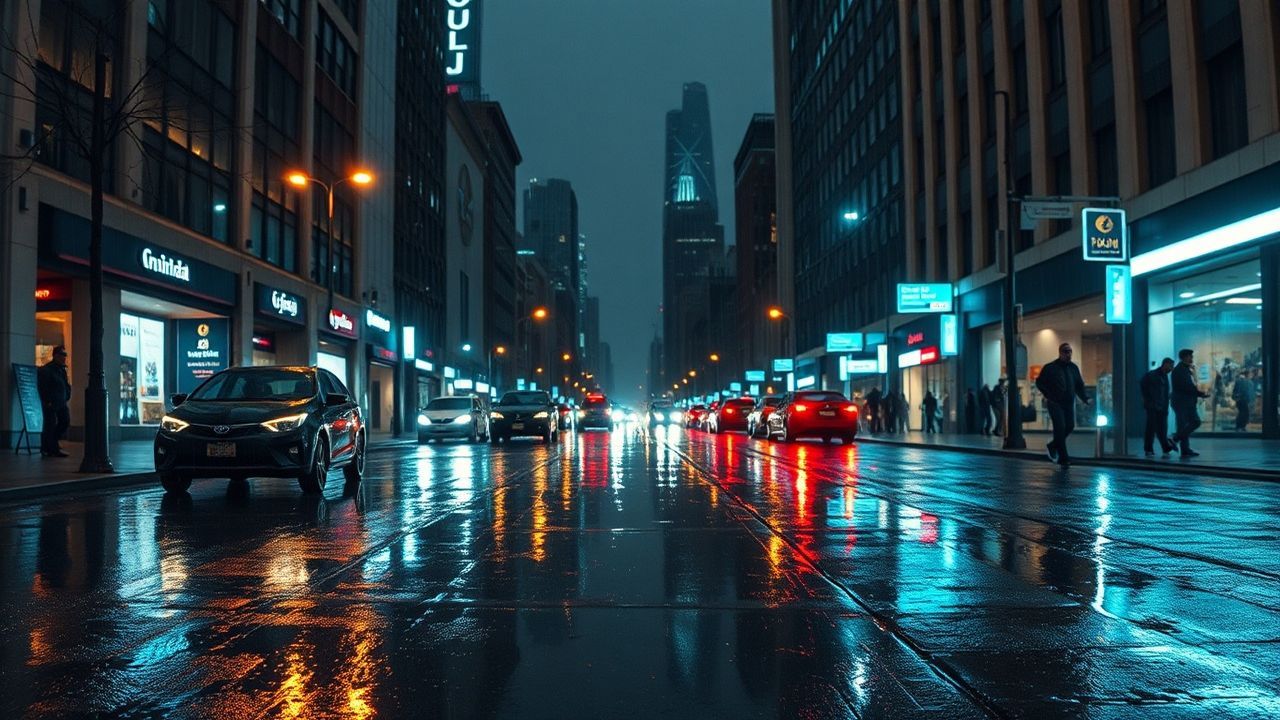 Towering Street Reflections Lights in the Rain