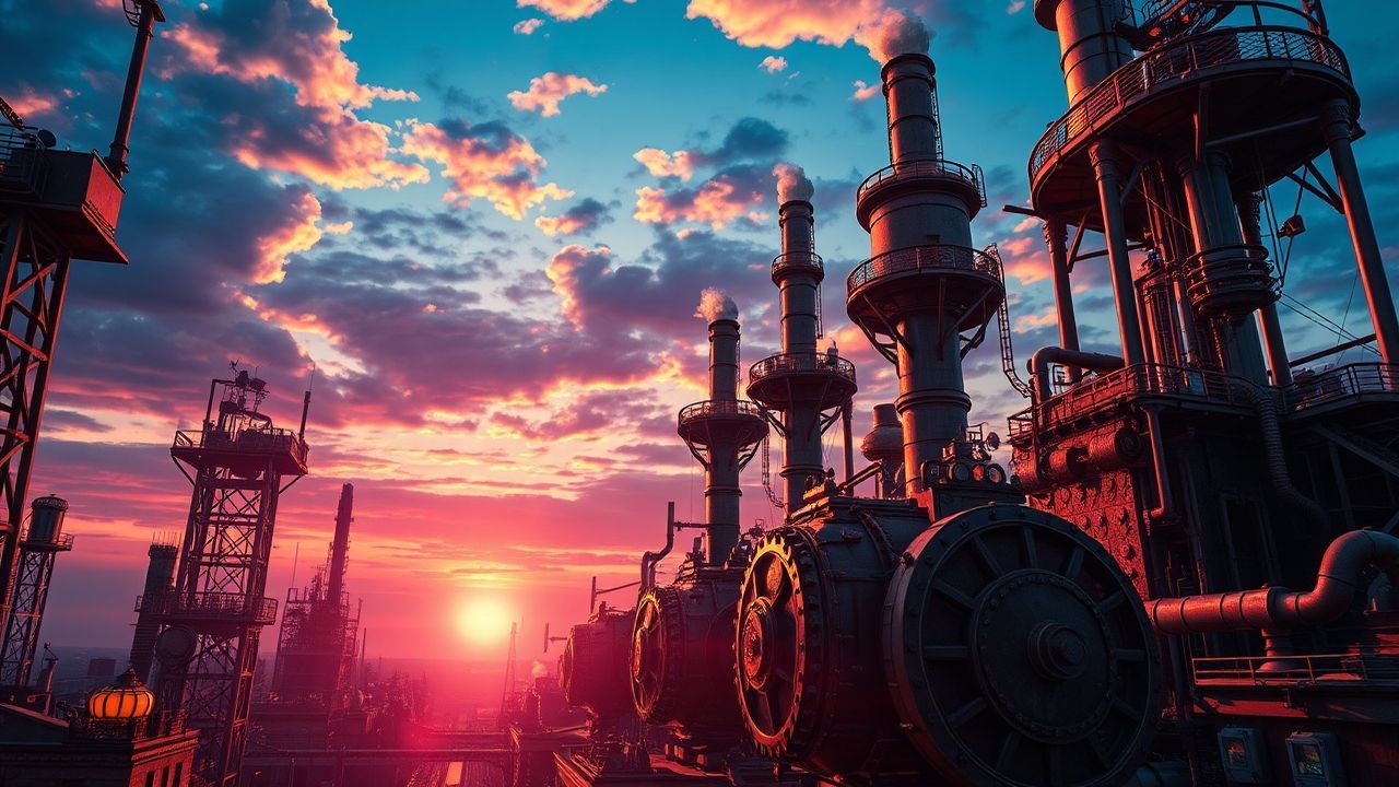 Steam-Powered Steampunk City Brass at Sunset