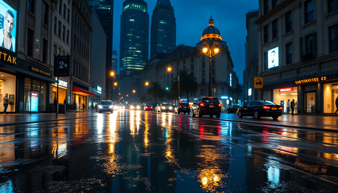Panoramic Street Reflections Lights in the Rain