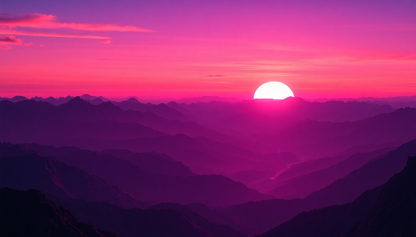 Vast Vaporwave Grid Mountains at Sunset