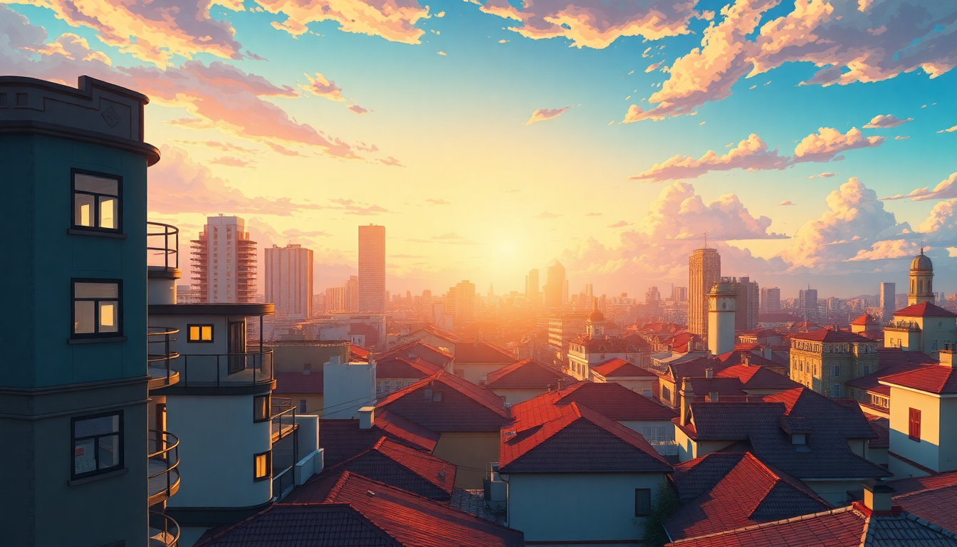 Celestial Anime Cityscape Hour in Golden Light