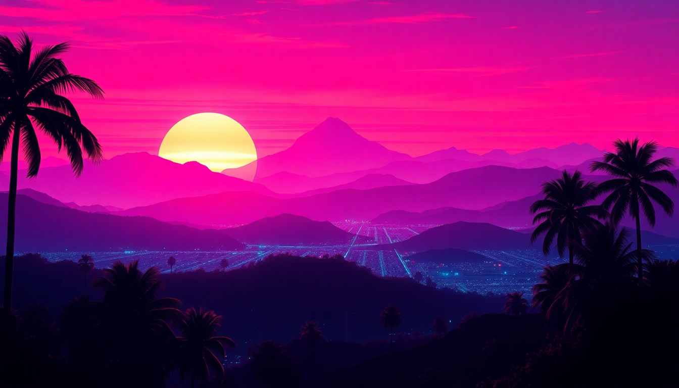 Glorious Synthwave Grid Mountains at Sunset