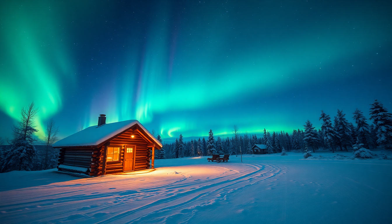 Shimmering Northern Lights Cabin in Winter