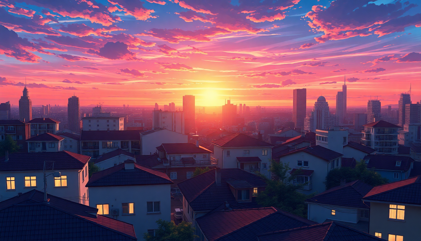 Haunting Anime Cityscape Hour in Golden Light