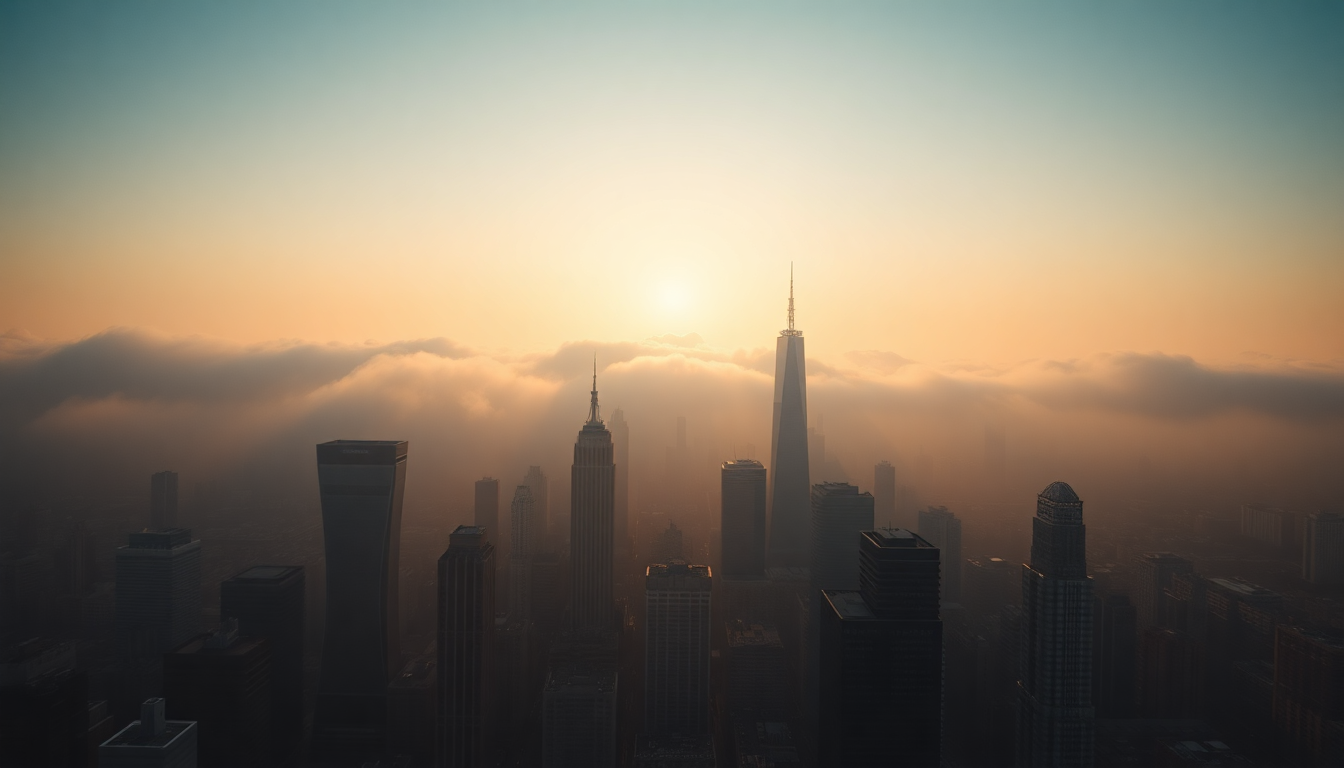 Infinite City Skyscrapers Emerging in the Mist