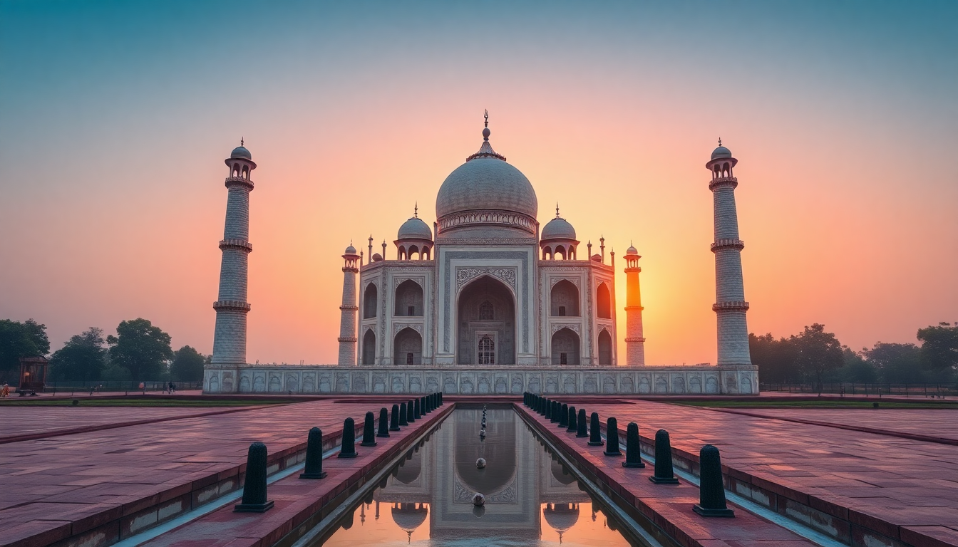 Grand Taj Mahal Symmetry at Sunrise