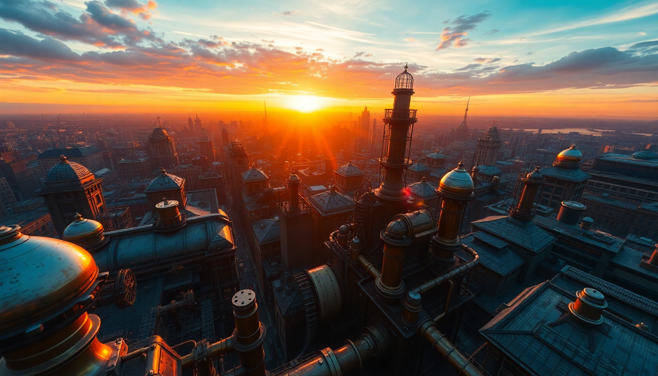 Golden Steampunk City Brass at Sunset