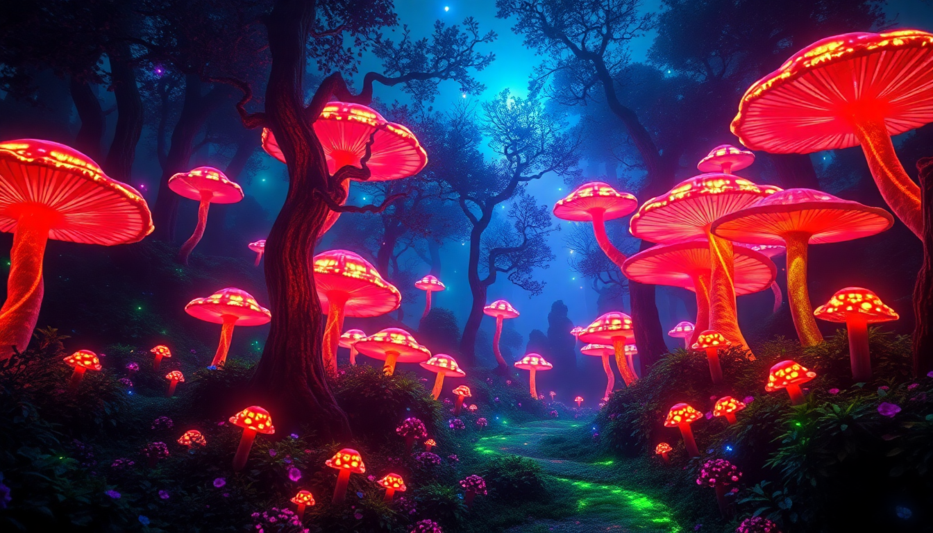 Magical Bioluminescent Mushroom Forest Glow