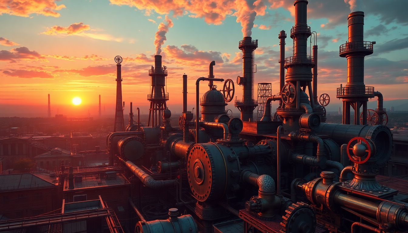 Sweeping Steampunk City Brass at Sunset