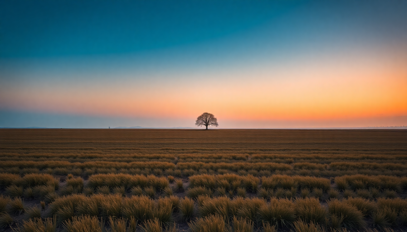 Luminous Single Tree Horizon at Sunset