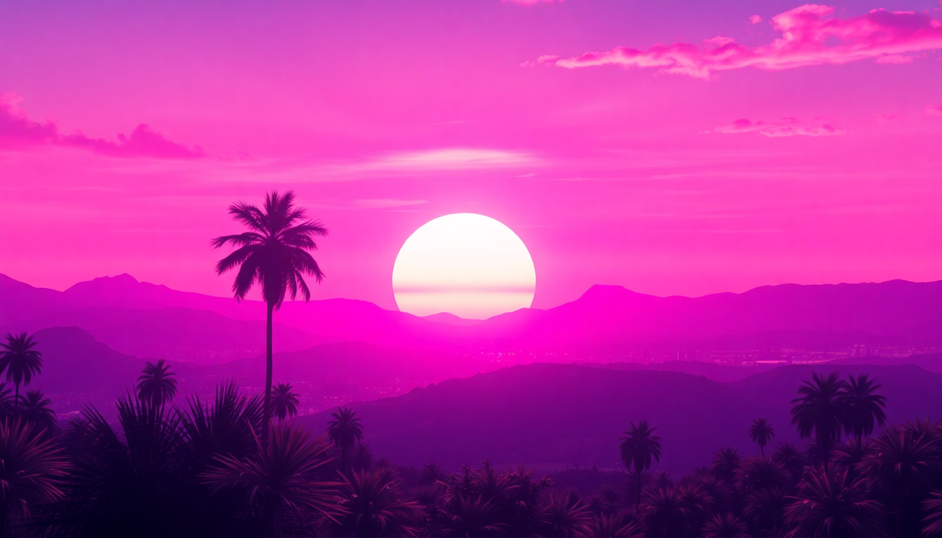 Striking Synthwave Grid Mountains at Sunset