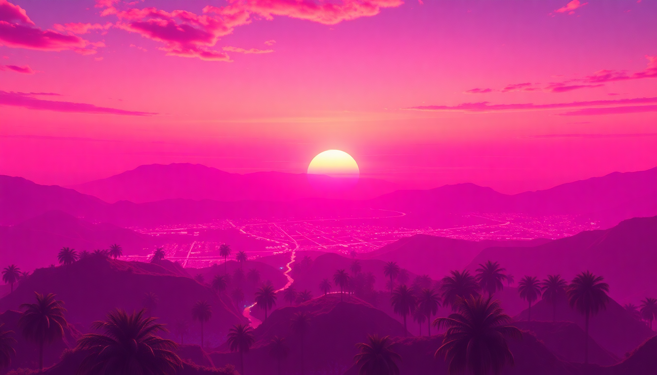 Splendid Synthwave Grid Mountains at Sunset