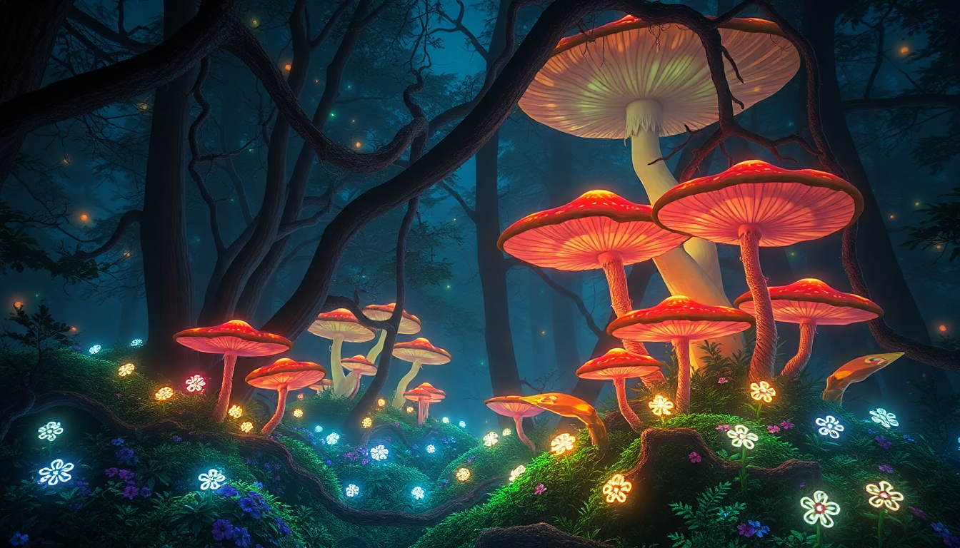 Ancient Bioluminescent Mushroom Forest Glow