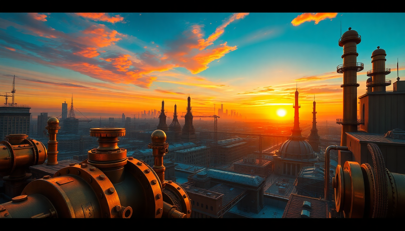 Lustrous Steampunk City Brass at Sunset