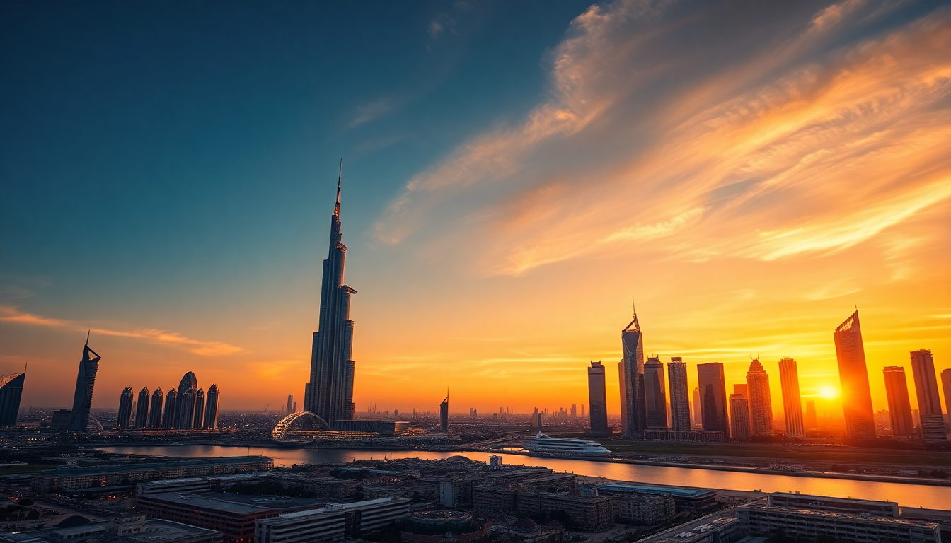 Infinite Dubai Futuristic Towers at Sunset