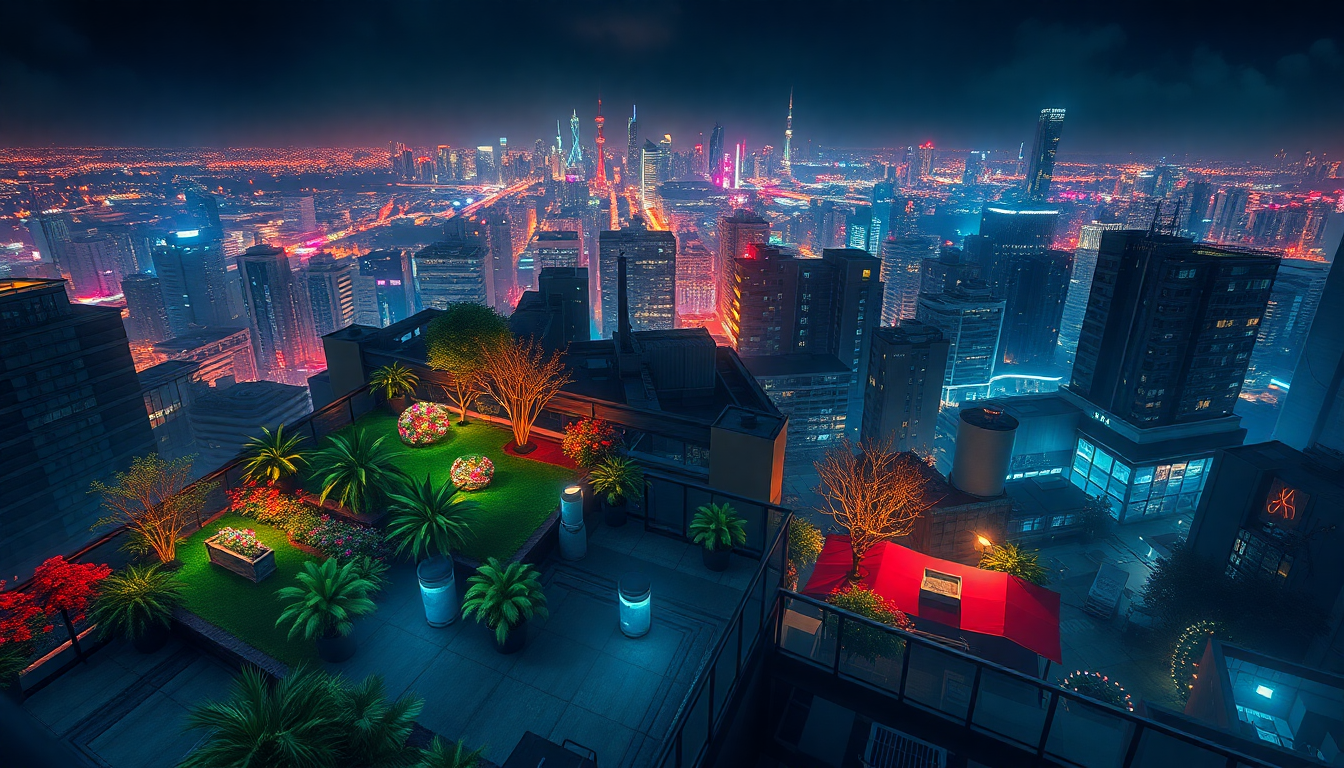 Resplendent Rooftop Garden Oasis by Night