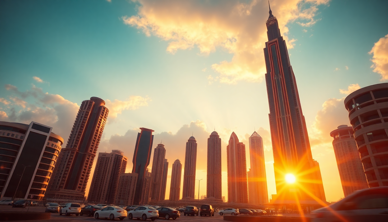 Mystical Dubai Futuristic Towers at Sunset