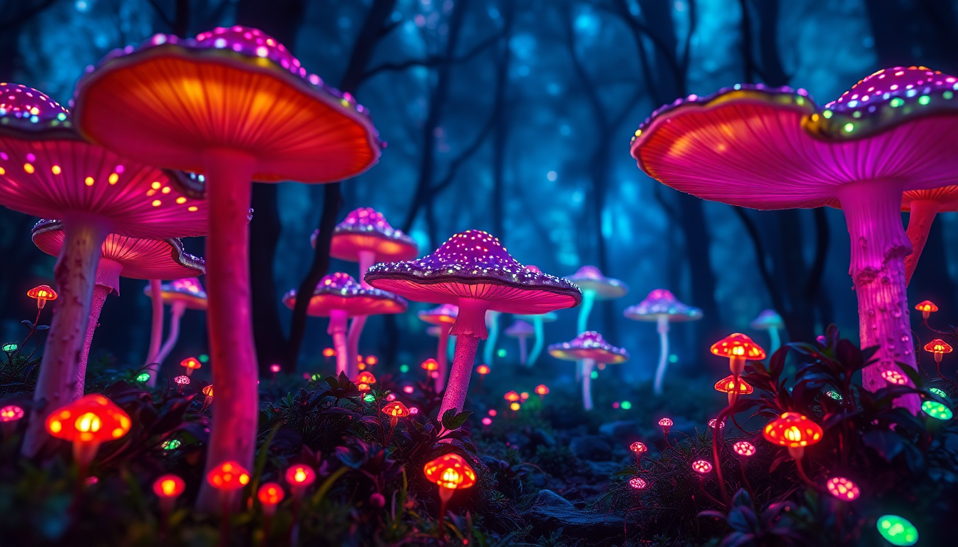 Sweeping Bioluminescent Mushroom Forest Glow