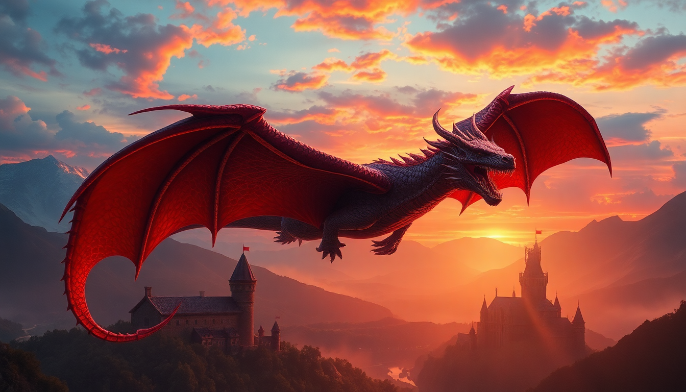 Striking Dragon Flying Medieval at Sunset