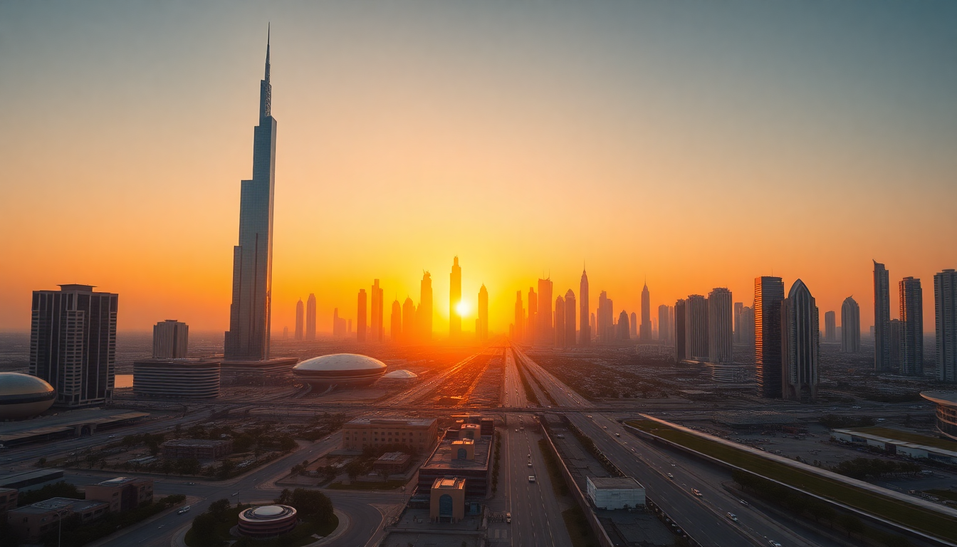 Monumental Dubai Futuristic Towers at Sunset