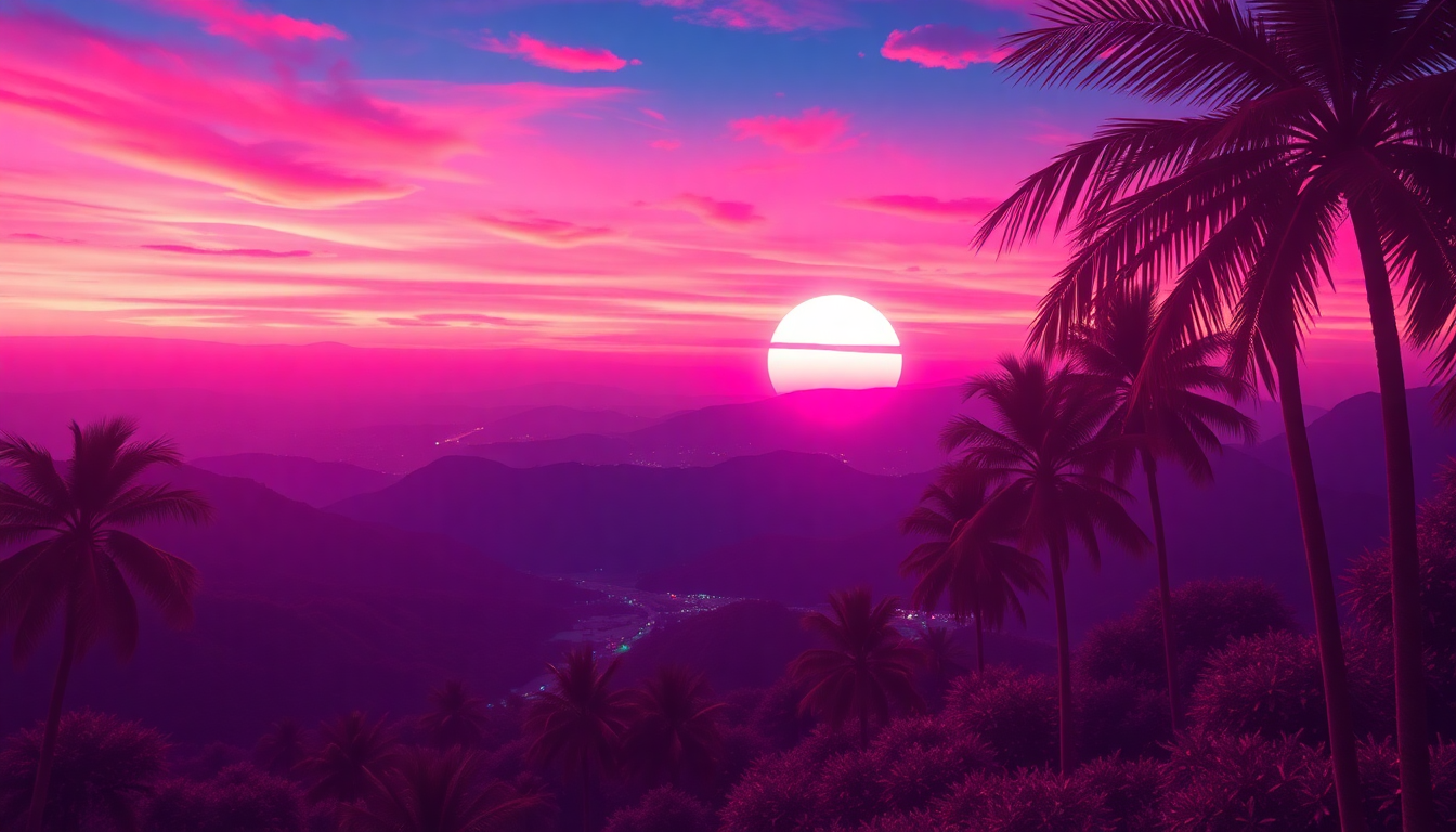 Dreamlike Synthwave Grid Mountains at Sunset