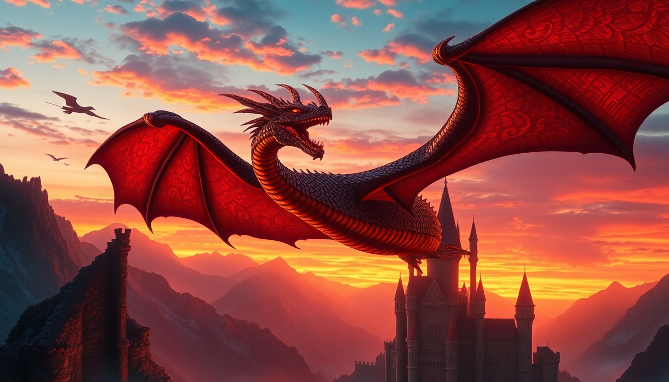Mystical Dragon Flying Medieval at Sunset