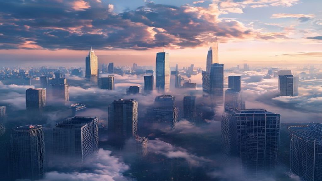 Ornate City Skyscrapers Emerging in the Mist