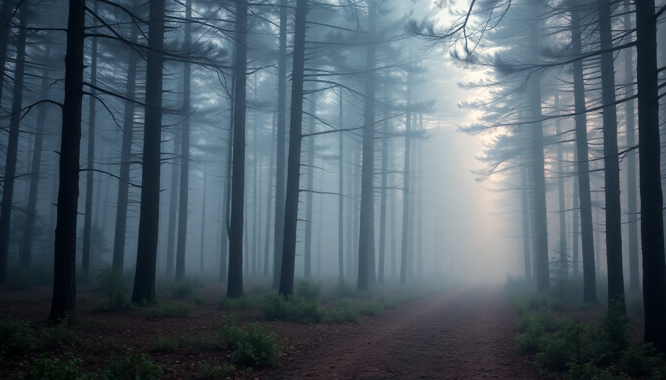 Dramatic Foggy Pine Forest Panorama