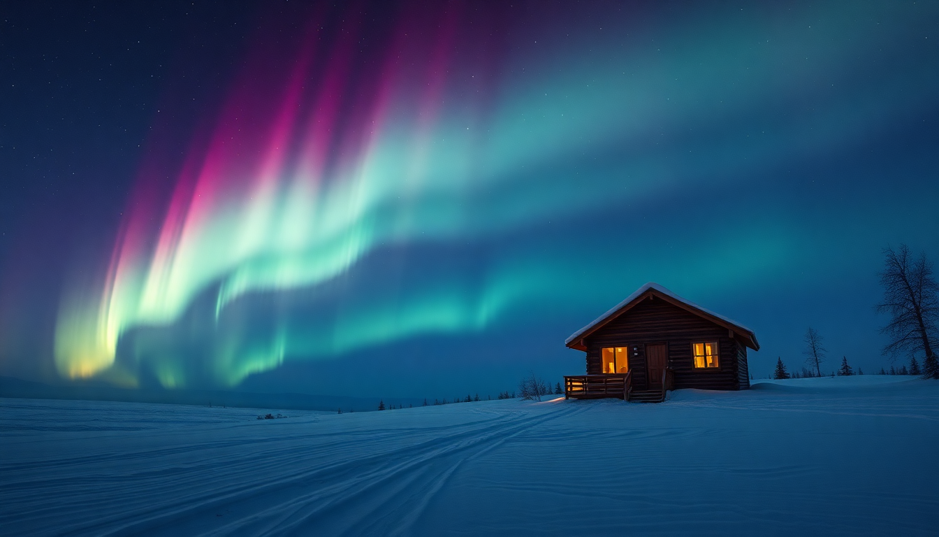 Infinite Northern Lights Cabin in Winter