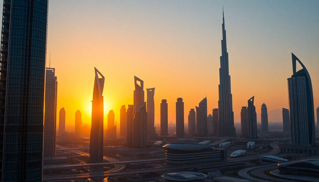 Dazzling Dubai Futuristic Towers at Sunset